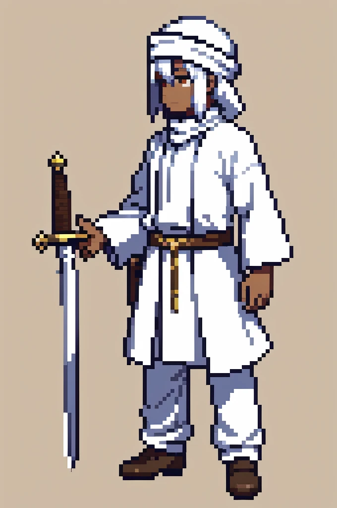 1 boy, long white hair, sword, Arab, turban hat, brown skin, full body