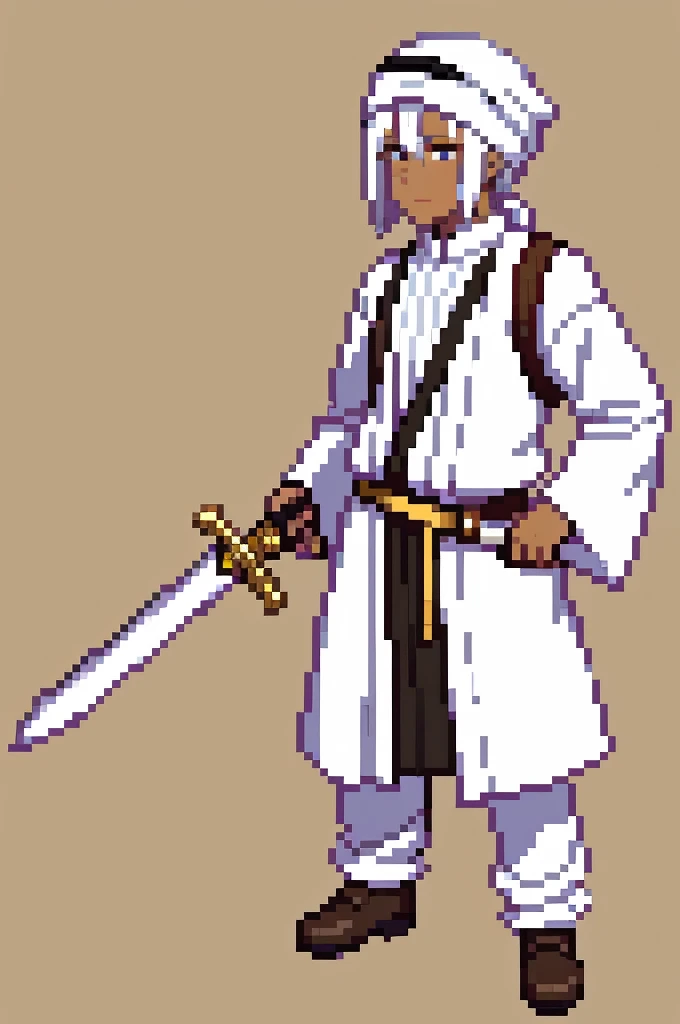 1 boy, long white hair, sword, Arab, turban hat, brown skin, full body