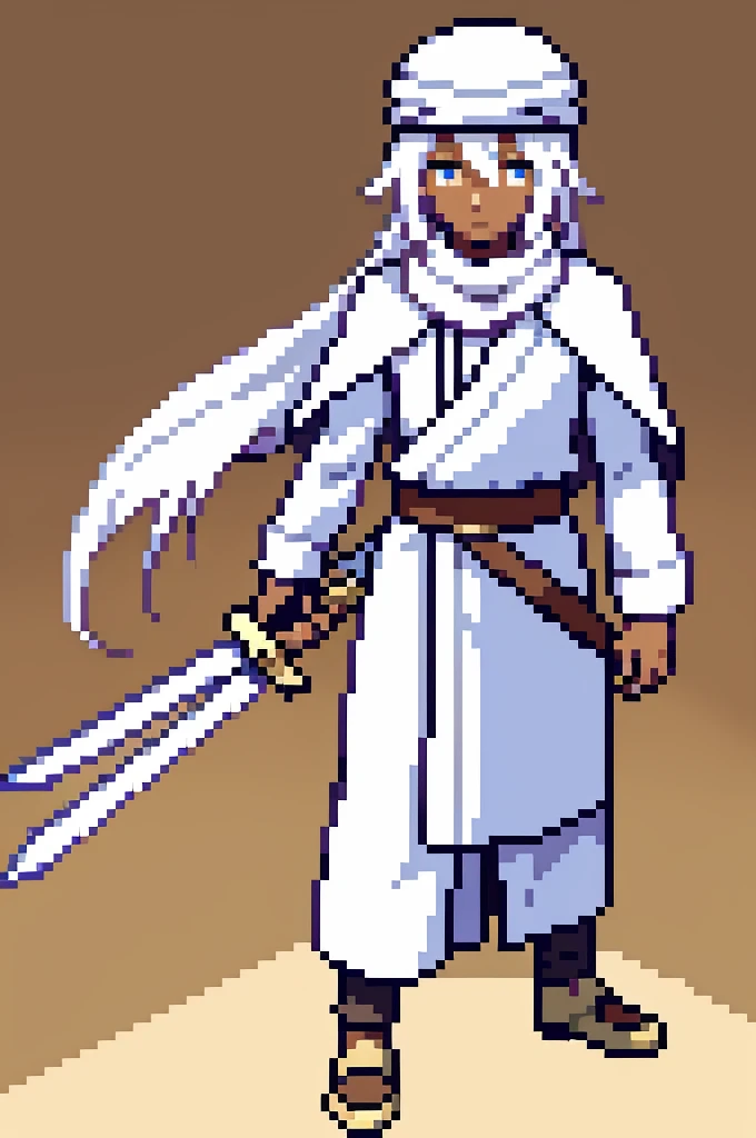 1 boy, long white hair, sword, Arab, turban hat, brown skin, full body