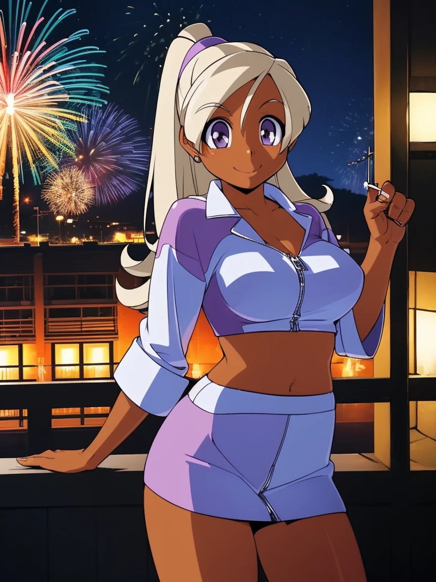 アニメ,アニメ style,high resolution、high quality、masterpiece、4K,8K,(yukata,large breasts),((pony tail,(Hyuuga miki,Final Romance, Long hair, Blonde hair,((Brown skin)),purple eyes)),happy smile),(shrine、firework、Night view、crowd、looking at viewer:1.4)