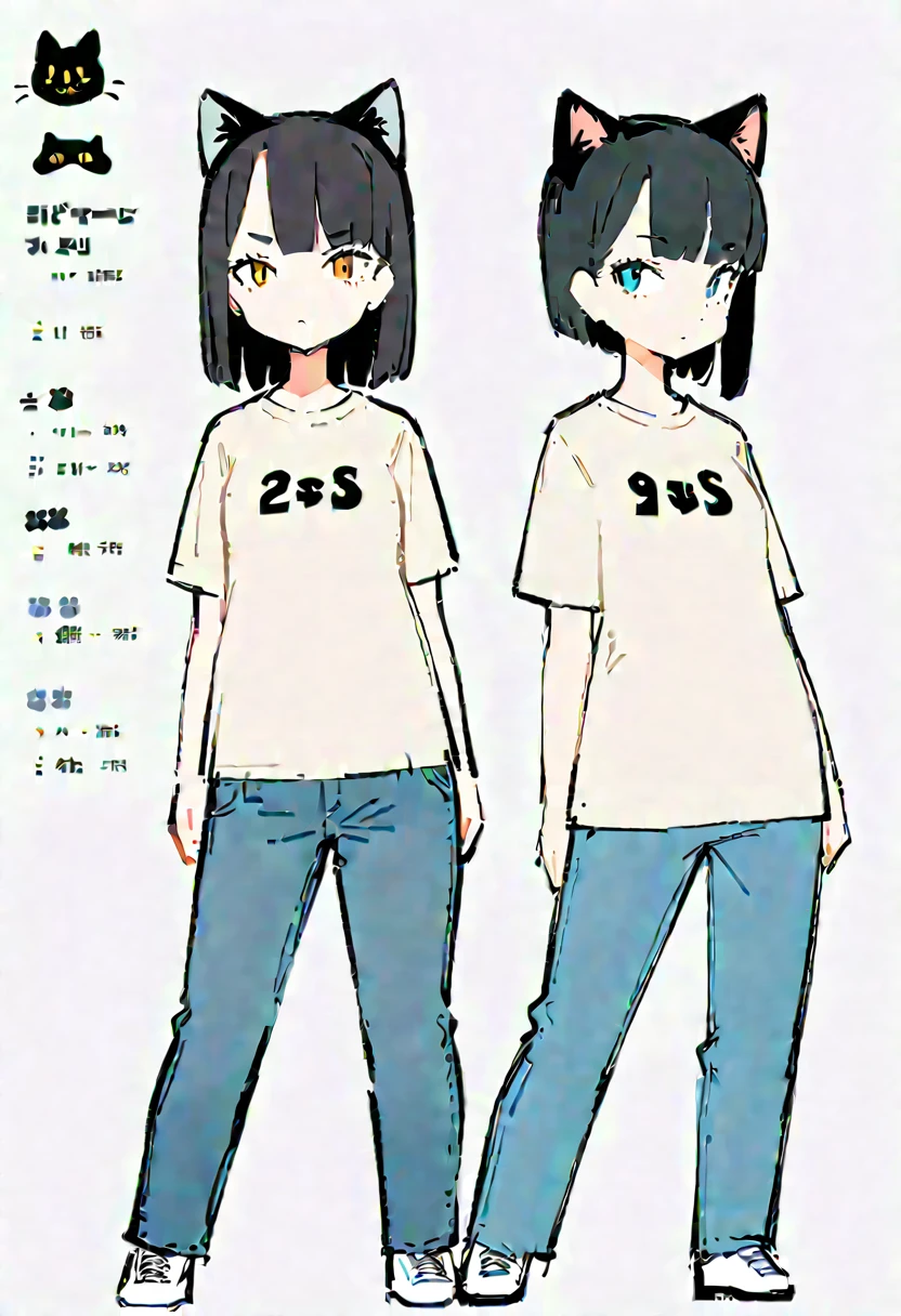 ((Anxious look)) ,(Thick painting style),Bold line, ((masterpiece,)),(((Highest quality))),(sketch),((Girls in their 20s)),Character design sheet,Short black hair,Black cat ears,T-Shirts,jeans