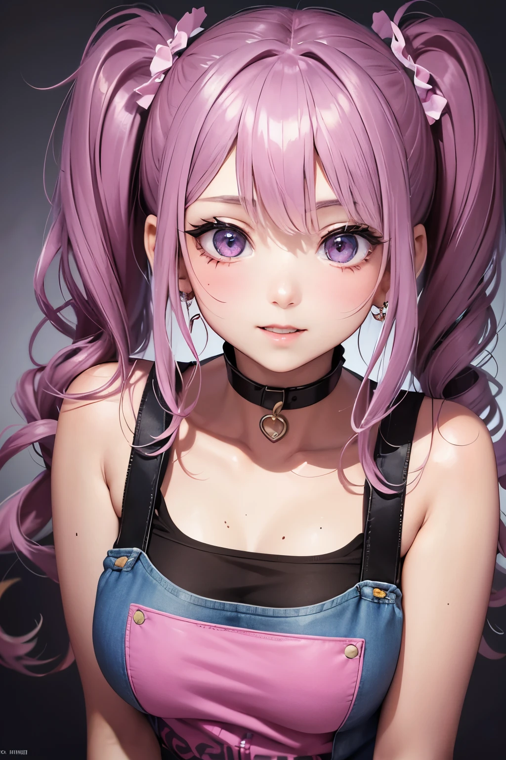 masterpiece, best quality, highly detailed, high resolution, expensive resolution, high resolution, 4k, 8k, uniform 8k wallpaper, highly detailed CG, masterpiece, 2d, 3d, beautiful details, depth, fine texture, best quality: 1.3, perfectly focused, crispy. skin, him, very cute anime girl, name is Mei, short twintails, idol, tank top, denim mini skirt, pink short twintails wearing expensive, mole under eye, looking at the viewer, expensive, blush, mole, parted lips, pink eyes, heart shaped choker, smiling face