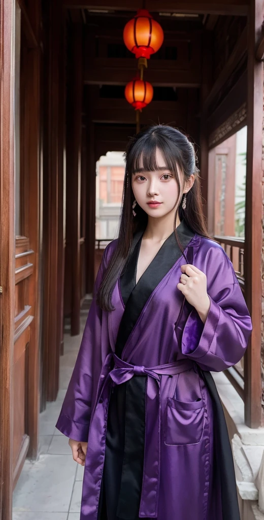 A girl, wearing a purple and black robe, stands in a Chinese-style building