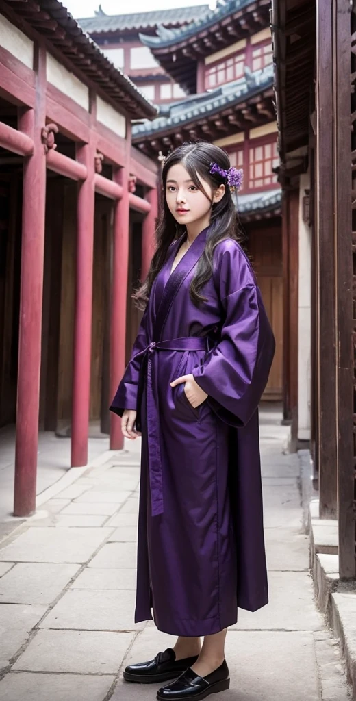 A girl, wearing a purple and black robe, stands in a Chinese-style building