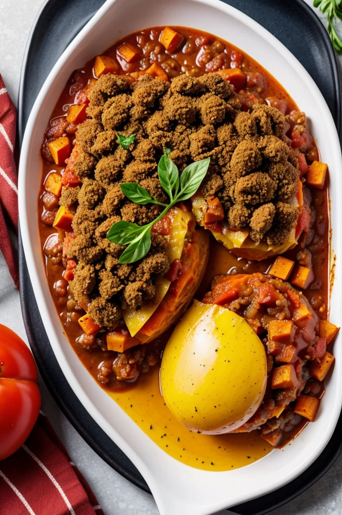 Photo of a tomato stuffed with ground meat, a mirror of chili and fried sweet potato