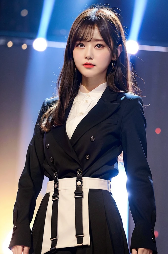 masterpiece、Flat Color、Depth of written boundary、Lens Flare 1 Girl、、Brown Hair、Staring at the audience　　　Black suspenders　　　bulging big breasts　　　 　 両手のside　　wall: 　Black trousers, Black Jacket Chain　　　　　arms　sight　　　Small face　bangs over eyes　side　