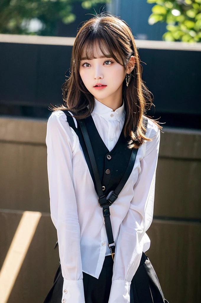 masterpiece、Flat Color、Depth of written boundary、Lens Flare 1 Girl、、Brown Hair、Staring at the audience Black suspenders bulging big breasts 両手のside wall: Black trousers, Black Jacket Chain arms sight Small face bangs over eyes side