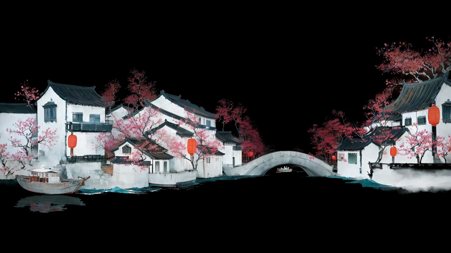 there is a boat that is floating in the water near a small town, inspired by Wu Guanzhong, dreamy chinese town, chinese watercolor style, chinese style painting, artwork in the style of z.w. gu, chinese village, by Xia Gui, zhouzhuang ancient town, inspired by Shi Zhonggui, inspired by Dong Qichang