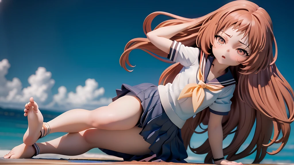 One girl, Long Hair, barefoot, (Small chest: 0) Looking down, Dynamic pose,   Sailor suit、Long skirt, Anxious face (Highly refined skin),  Detailed face, 8K Ultra HD, Soft Light, high quality, Full body portrait.Strong winds、Glare、