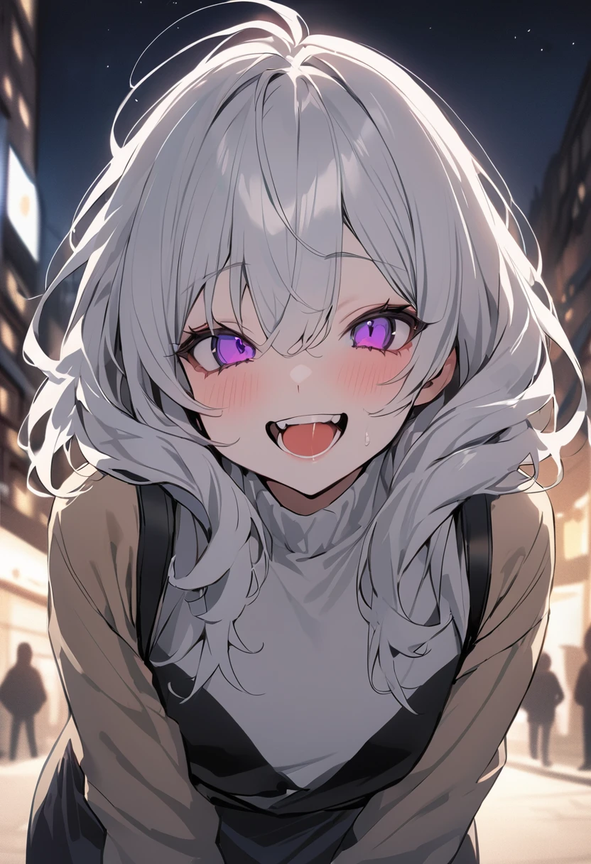 (masterpiece:1.2)、Highest quality、PIXIV、Rebellious girl、One girl、Open your mouth、鋭いteeth、teeth、Long Hair、Street background、Bright purple eyes、eyelash、Upper Body、Characters in clothes、smile、Focus on the viewer、Chest in the center、Black and white hair color,leaning forward,Night view,Black and Whiteグレーの服装,Overflowing drool、saliva、White Breath、Sigh、An excited look、Long, narrow eyes,fallatio、Black and White、Pull your mouth with your fingers