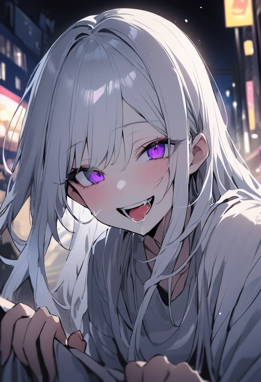 (masterpiece:1.2)、Highest quality、PIXIV、Rebellious girl、One girl、Open your mouth、鋭いteeth、teeth、Long Hair、Street background、Bright purple eyes、eyelash、Upper Body、Characters in clothes、smile、Focus on the viewer、Chest in the center、Black and white hair color,leaning forward,Night view,Black and Whiteグレーの服装,Overflowing drool、saliva、White Breath、Sigh、An excited look、Long, narrow eyes,fallatio、Black and White、Pull your mouth with your fingers