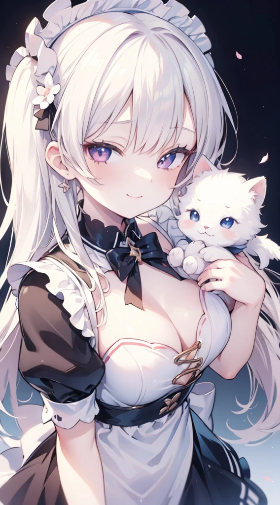 Masterpiece, Top Quality Anime Illustration, Super Detail, One Girl, Solo, Beautiful Girl with Silver Hair, Anime , maid dress,Smile,(white background),((masterpiece)),long hair,((charming))、happy smile、perfect proportions, cute woman, baby face, BREAK source_anime, high detail, looking at viewer,POV, large chest, best quality, highly detailed, young face,Droopy eyes,relaxed face,