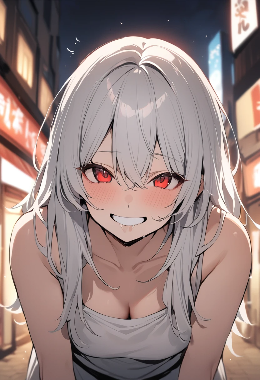 (masterpiece:1.2)、Highest quality、PIXIV、Rebellious girl、One girl、Open your mouth、鋭いteeth、teeth、Long Hair、Street background、Bright red eyes、Upper Body、smile、Focus on the viewer、Chest in the center、Shoulder Bare、Belly button、Black and white hair color,leaning forward,Night view,Black and Whiteグレーの服装,Overflowing drool、saliva、White Breath、Sigh,Pull your mouth with your fingers、An excited look,fallatio,Black and White