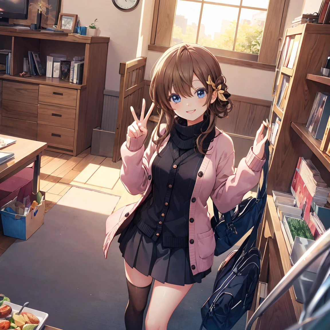 Smile,best Smile,double Peace,cardigan,miniskirt,masterpiece,best quality,ultra detailed,high resolution,extremely detailed CG, (perfect hand),