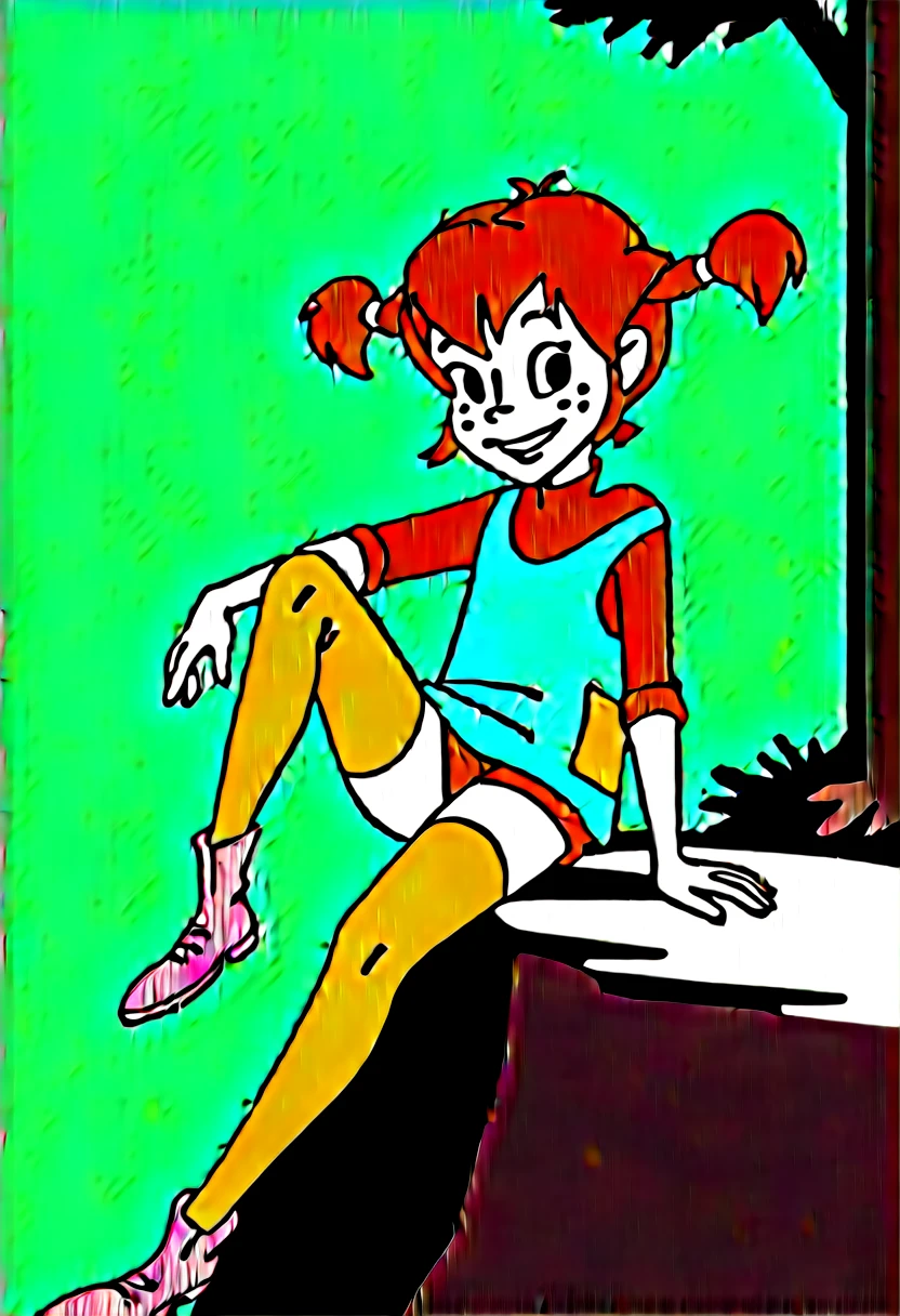 score_8_up, BREAK, Pippi, 1girl, solo, red hair, short twintails, black eyes, freckles, green dress, yellow overalls, thighhighs, mismatched legwear, multicolored legwear, on right leg green legwear, on left leg orange legwear , asymmetrical legwear, forest, blurry background, sitting on rock, smiling,