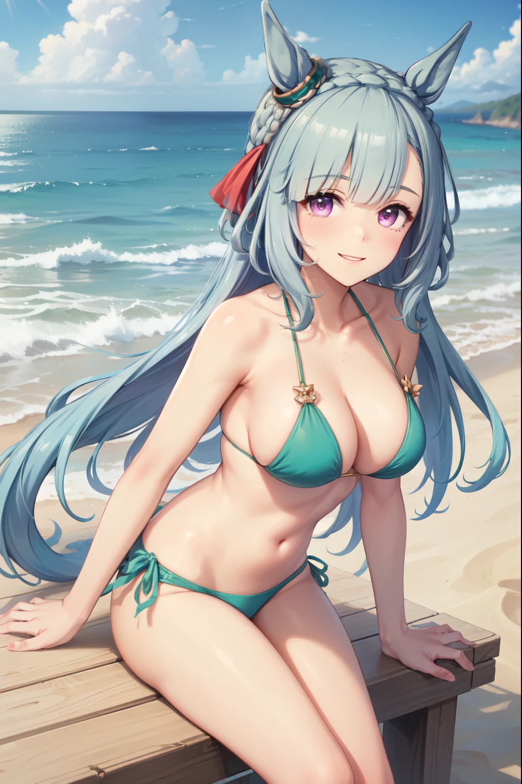 ((Highest quality, masterpiece, High resolution)), One girl, White-eye Aldan\(umamusume\), Swimwear, (Emerald Green Bikini), Large Breasts, Cleavage, (Horse tail), smile, smile, Sandy Beach, Beach, Are standing, forward leaning posture