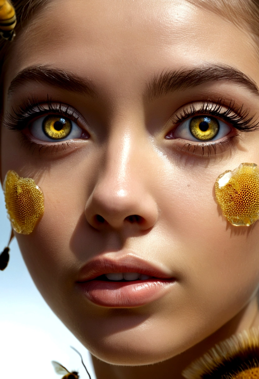 photoillustration double exposure of merged, a girl, a queen bee, full face, (transparency effect )big eyes as bee eyes fit on her eyes, , facet eyes, crystalite eyes, (transparency effect mouth as bee mouth fit on her mouth), macro photography, delicate skin, attractive pose, fashion pose, photo art, digital manipulated, extremely detailed, dramatic lighting, vivid color, intricate, 8k UHD, epic realism, fantasy art