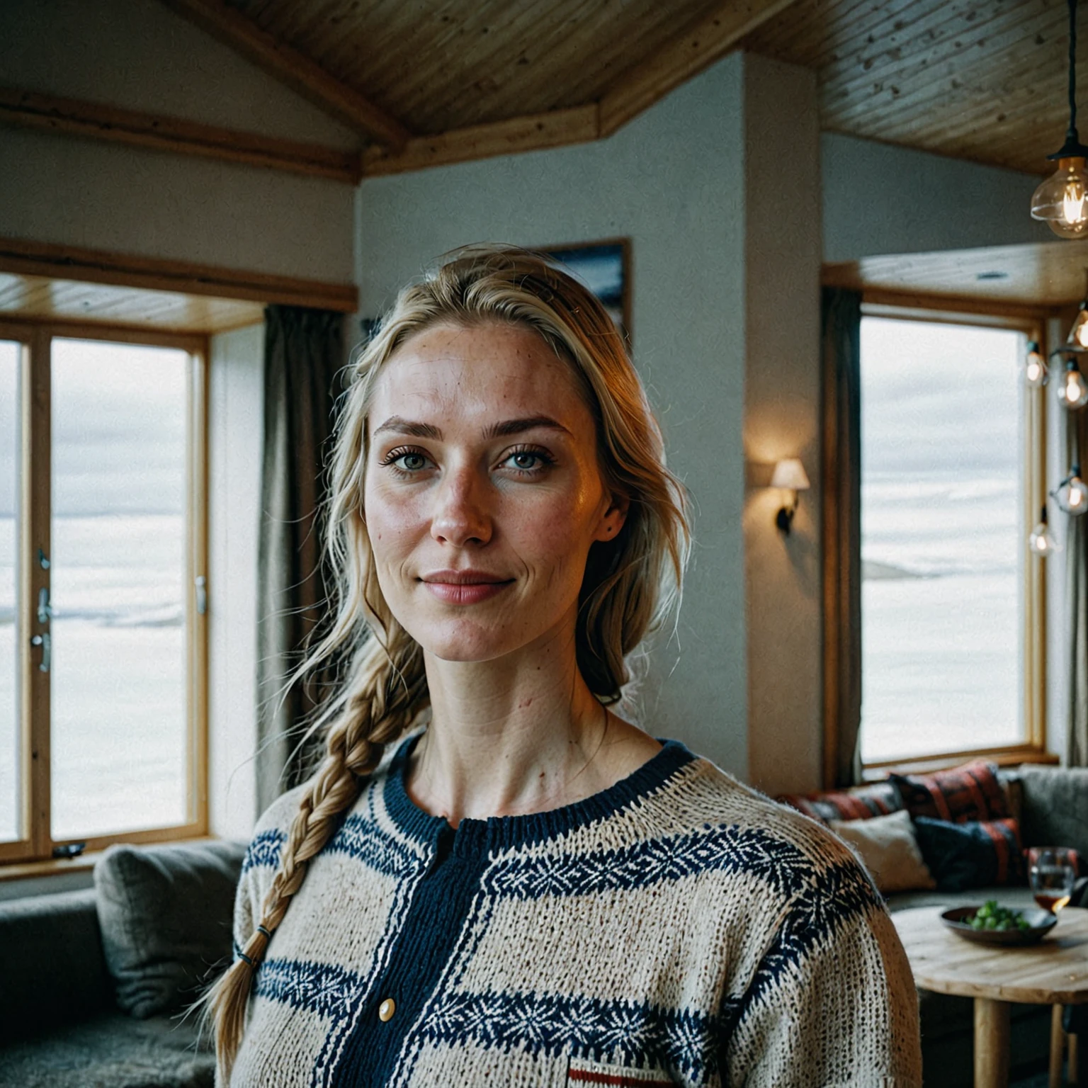 a beautiful picture of an icelandic woman in casual typical icelandic clothes ,detailed skin texture,masterpiece, photorealistic, light, RAW color photo,full upperbody,indoors, (smile:0.5), film grain,cinematic lightning, nsfw