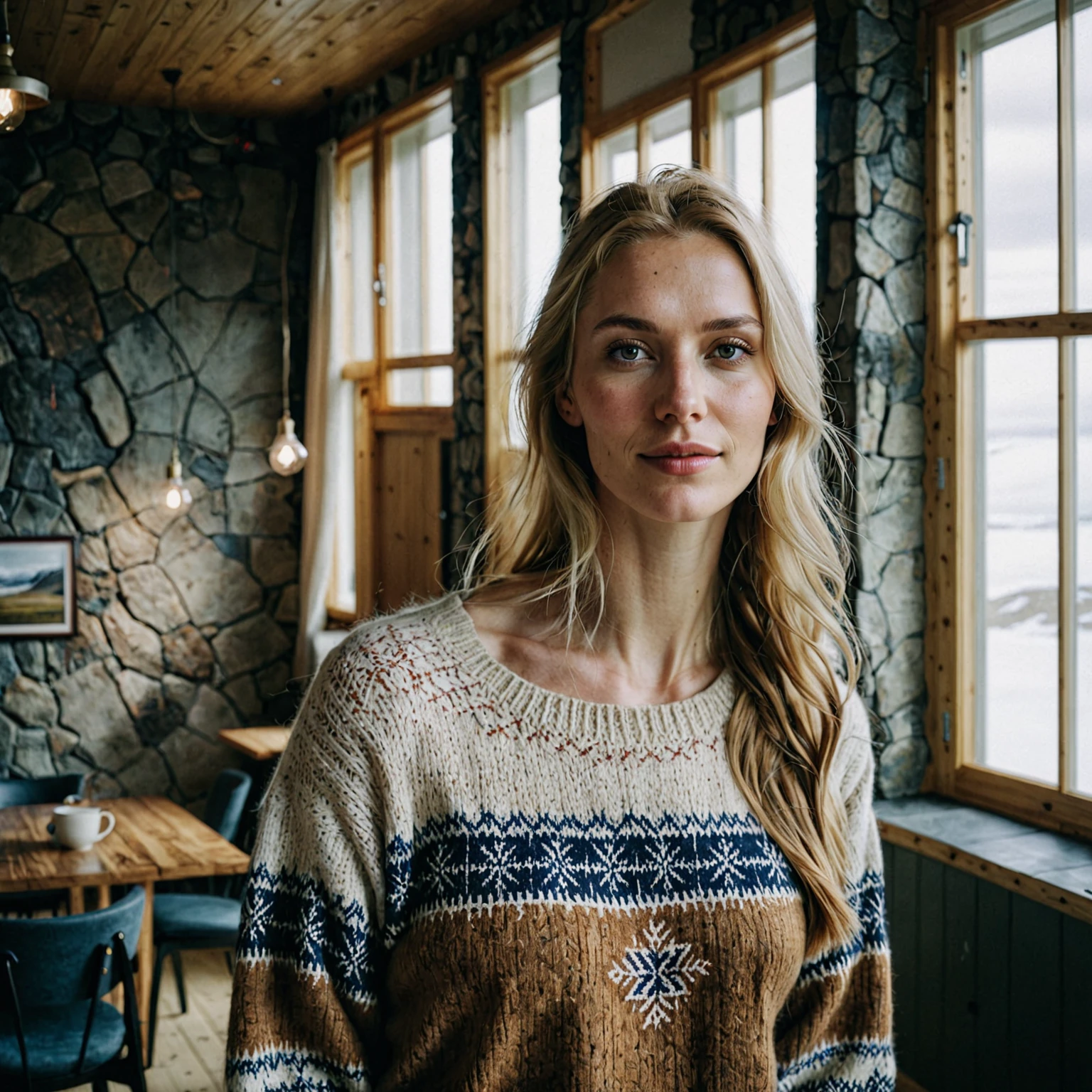 a beautiful picture of an icelandic woman in casual typical icelandic clothes ,detailed skin texture,masterpiece, photorealistic, light, RAW color photo,full upperbody,indoors, (smile:0.5), film grain,cinematic lightning, nsfw