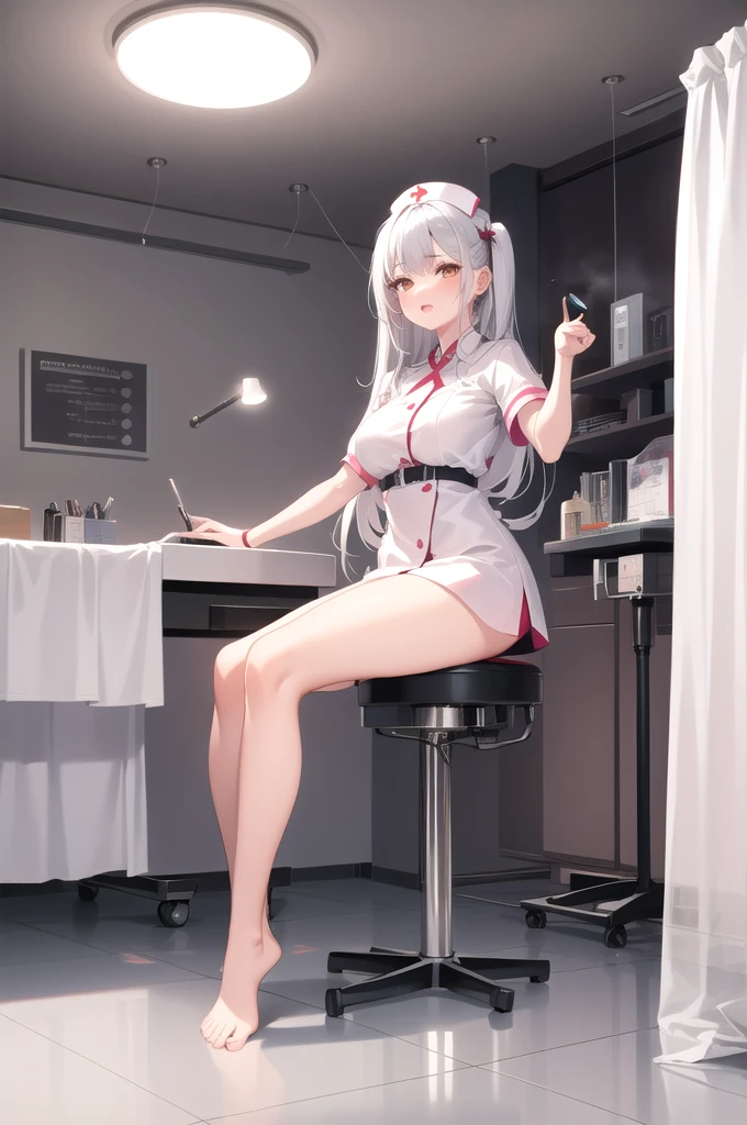 infirmary, curtains, 1girl, nurse, white dress,, masterpiece, best quality, highly detailed,.grandes seios
