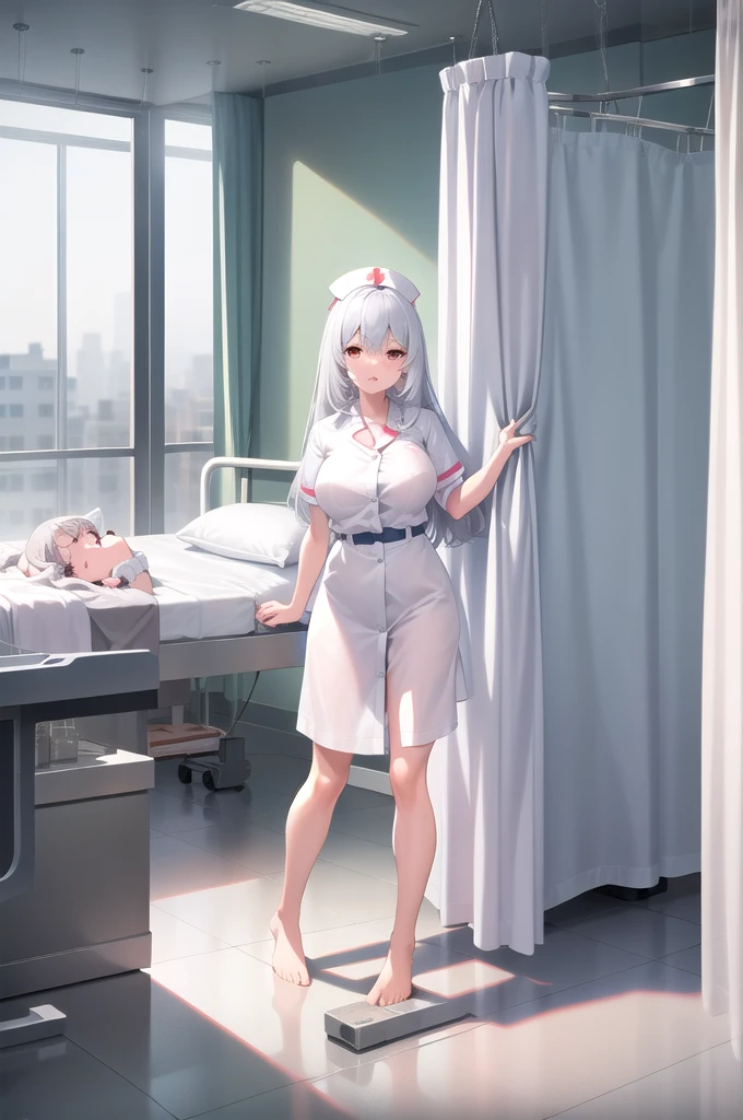 infirmary, curtains, 1girl, nurse, white dress,, masterpiece, best quality, highly detailed,.grandes seios
