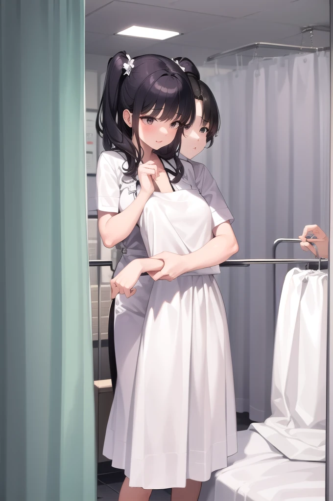 infirmary, curtains, 1girl, nurse, white dress,, masterpiece, best quality, highly detailed,.grandes seios