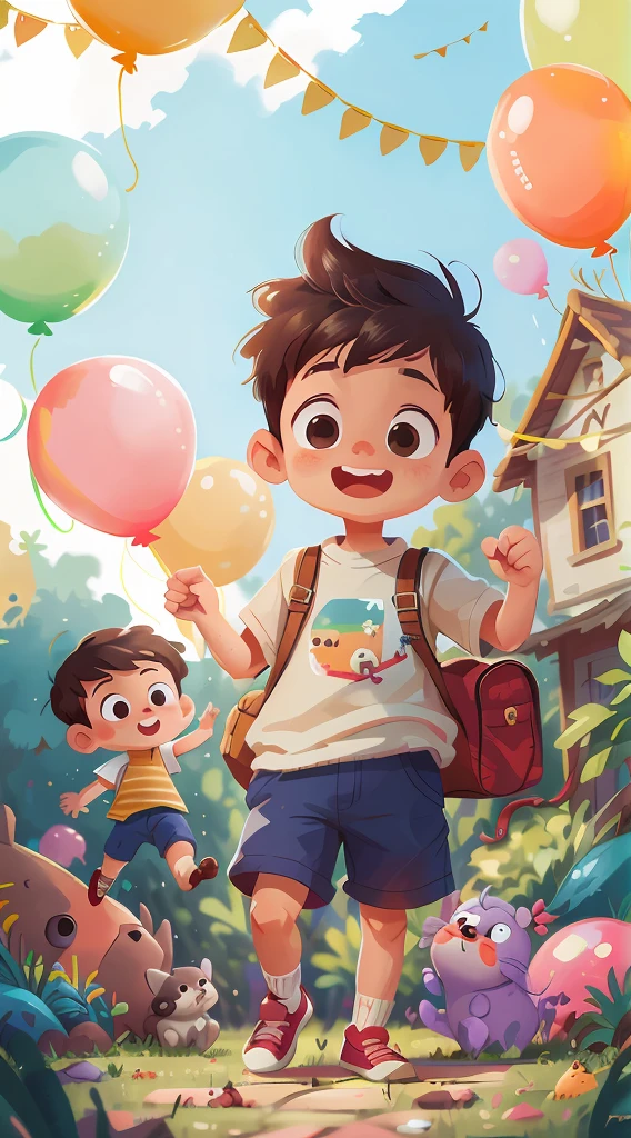 A boy, zoo, many balloons, happy, happy, perfect quality, clear focus (clutter - home: 0.8), (masterpiece: 1.2) (realistic: 1.2) (bokeh) (best quality) (detailed skin: 1.3) (complex details) (8K) (detail eyes) (sharp focus), (happy) full body, two children, clean background, long view composition, 85MM SHOT