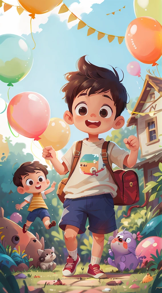 A boy, zoo, many balloons, happy, happy, perfect quality, clear focus (clutter - home: 0.8), (masterpiece: 1.2) (realistic: 1.2) (bokeh) (best quality) (detailed skin: 1.3) (complex details) (8K) (detail eyes) (sharp focus), (happy) full body, two children, clean background, long view composition, 85MM SHOT