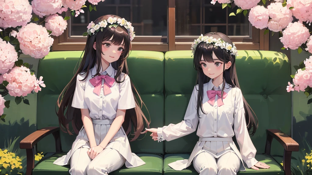 this is a picture of a couple that are sitting sitting next to each other, shirt, 1girl, black hair, smile, sitting, white shirt, flower, outdoors, pink skirt, looking at another, pants, white flower, 2boys, skirt, day, long hair, head wreath, collared shirt, vest