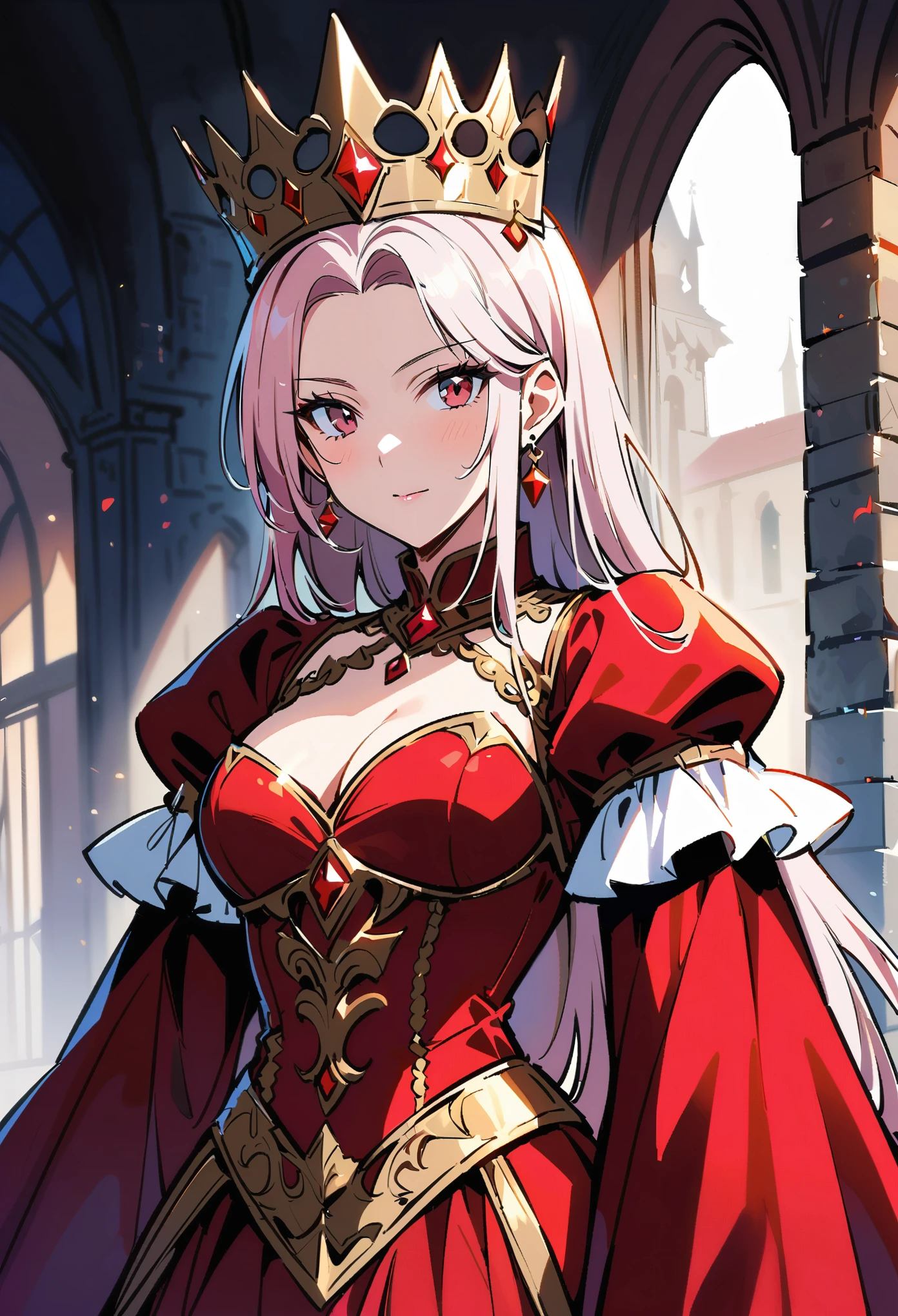 arafed woman in a red dress and a crown poses for a picture, cate blanchett as medieval queen, portrait of emily blunt as queen, ornate dark red opulent clothing, intricate costume design, wearing gilded red royal robes, as a medieval fantasy character, anya taylor - joy vampire queen, wearing a noblewoman's outfit, beautiful vampire female queen, the red queen