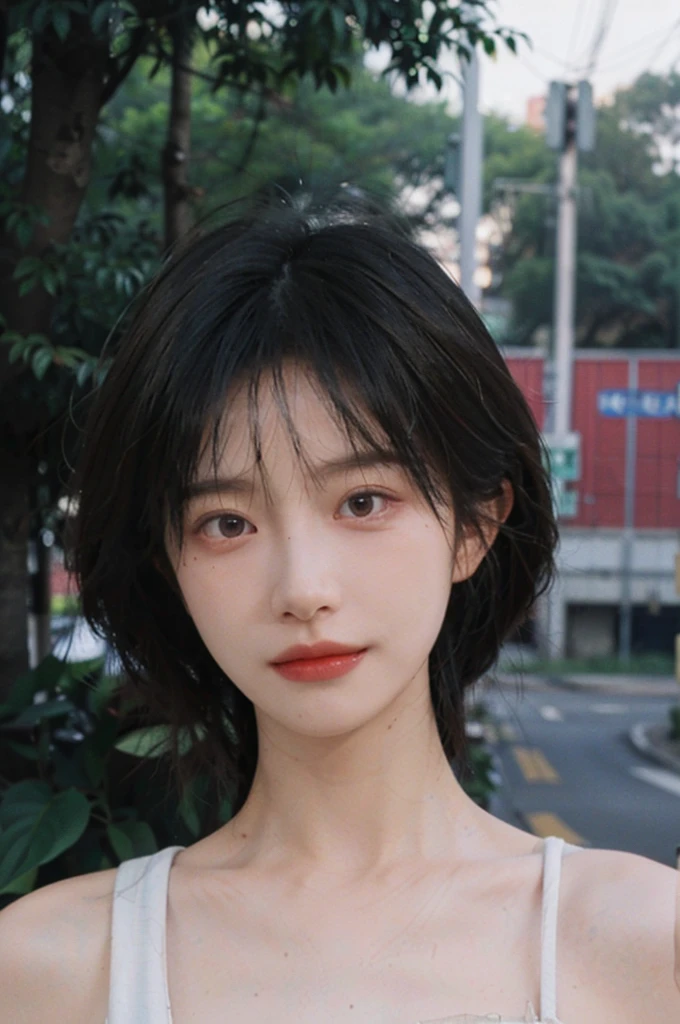 (Skin details:1.4), (smooth skin textures:1.3), Lipstick, background, earrings, serene, calm, Vest，(Realistic and detailed eyes：1.2）, Natural skin texture, Realistic facial details, Soft dramatic lighting, Vivid details, 35 mm film, outdoor, (Photo Practical:1.4), (hyper Practical:1.4), (Practical:1.3), (Smoother lighting:1.05), (Improve lighting quality:0.9), (Highest quality real skin textures:1.4), Exquisite eyes, Delicate face, Close-up of face, (Enhance the beauty of skin texture:1.1), Hair details,（Large Breasts：1.3）normal body ratio, short hair, Moles under the eyes, A faint smile,Portrait Photography, Depth of Field, Bokeh, Surrealism, Ray Tracing, (Portrait Photography:1.1), Surrealism, High Detail, Chiaroscuro, Ray Tracing, reflected light, Ultra HD, Ultra HD, masterpiece, Textured Skin, Super Detail, High Detail, high quality, best quality