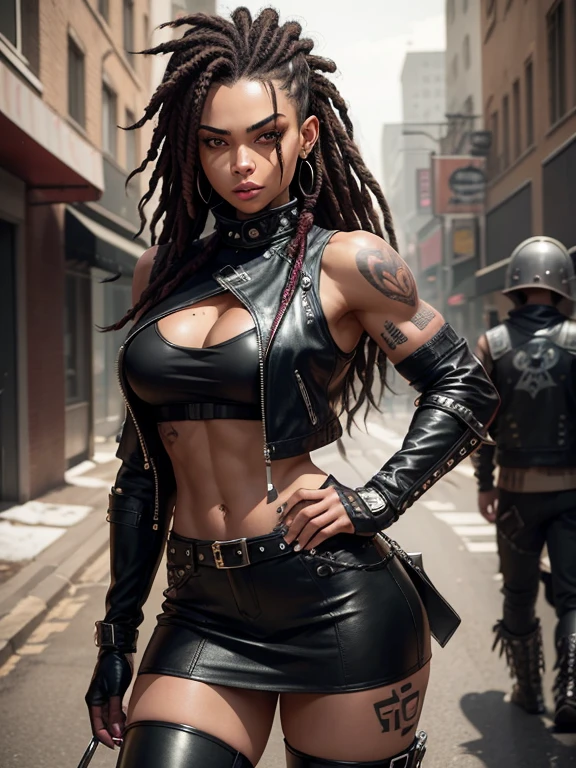In the Wasteland, 18 year old beautiful girl in Wolf style., from DC comics, with dreadlocks, intergalactic anti-heroine, known for her cruelty and sarcastic behavior.. He is depicted as an alien humanoid with chocolate skin.., long black dreadlocks, and super muscular physique in tight black leather pants.. His bright red eyes give him a menacing appearance..... Often dressed in an open black leather vest.., Short skirt, and heavy boots, he has a punk rock look. With tattoos and scars all over my body, emphasizing his seasoned character.,