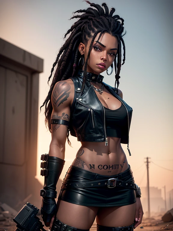 In the Wasteland, 18 year old beautiful girl in Wolf style., from DC comics, with dreadlocks, intergalactic anti-heroine, known for her cruelty and sarcastic behavior.. He is depicted as an alien humanoid with chocolate skin.., long black dreadlocks, and super muscular physique in tight black leather pants.. His bright red eyes give him a menacing appearance..... Often dressed in an open black leather vest.., Short skirt, and heavy boots, he has a punk rock look. With tattoos and scars all over my body, emphasizing his seasoned character.,