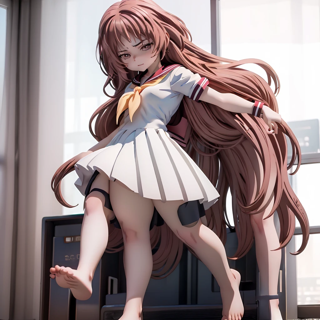 One girl, Long Hair, barefoot, (Small chest: 0) Looking down, Dynamic pose,   Sailor suit、Long skirt, Anxious face (Highly refined skin),  Detailed face, 8K Ultra HD, Soft Light, high quality, Full body portrait.Strong winds