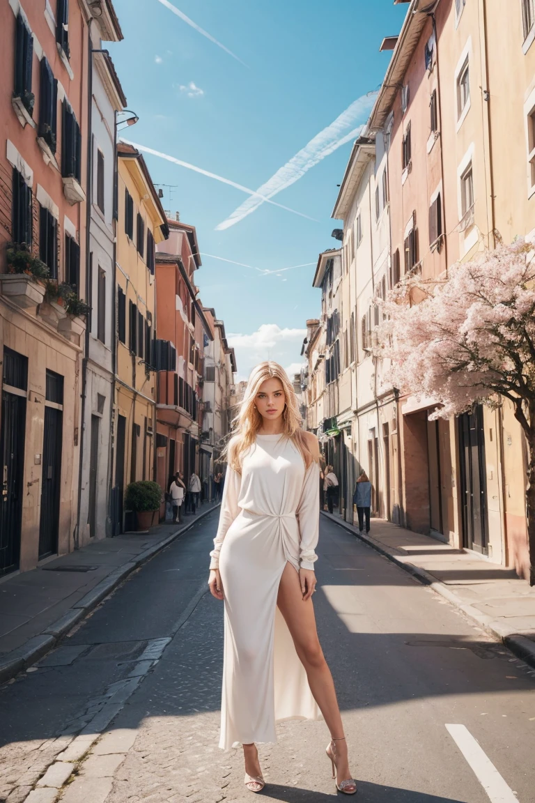 Visually stunning realistic and detailed image of Rome streets by day. There is a play of sunlight that filters through the buildings and cherry trees that creates a mesmerizing air.. The central figure is a Swedish super model in this paradise wearing high fashion clothes. The model is Swedish, she has blond white hair and blue eyes. She is dressed in a Kardashian-style long tube-neck dress.. Ela wears Jimmy Choo style jump. The model's hands are down and the model has the confident and sexy posture of a Victoria Secret super model. The model exudes natural charm, wearing a friendly smile on your face.black background,Cutout