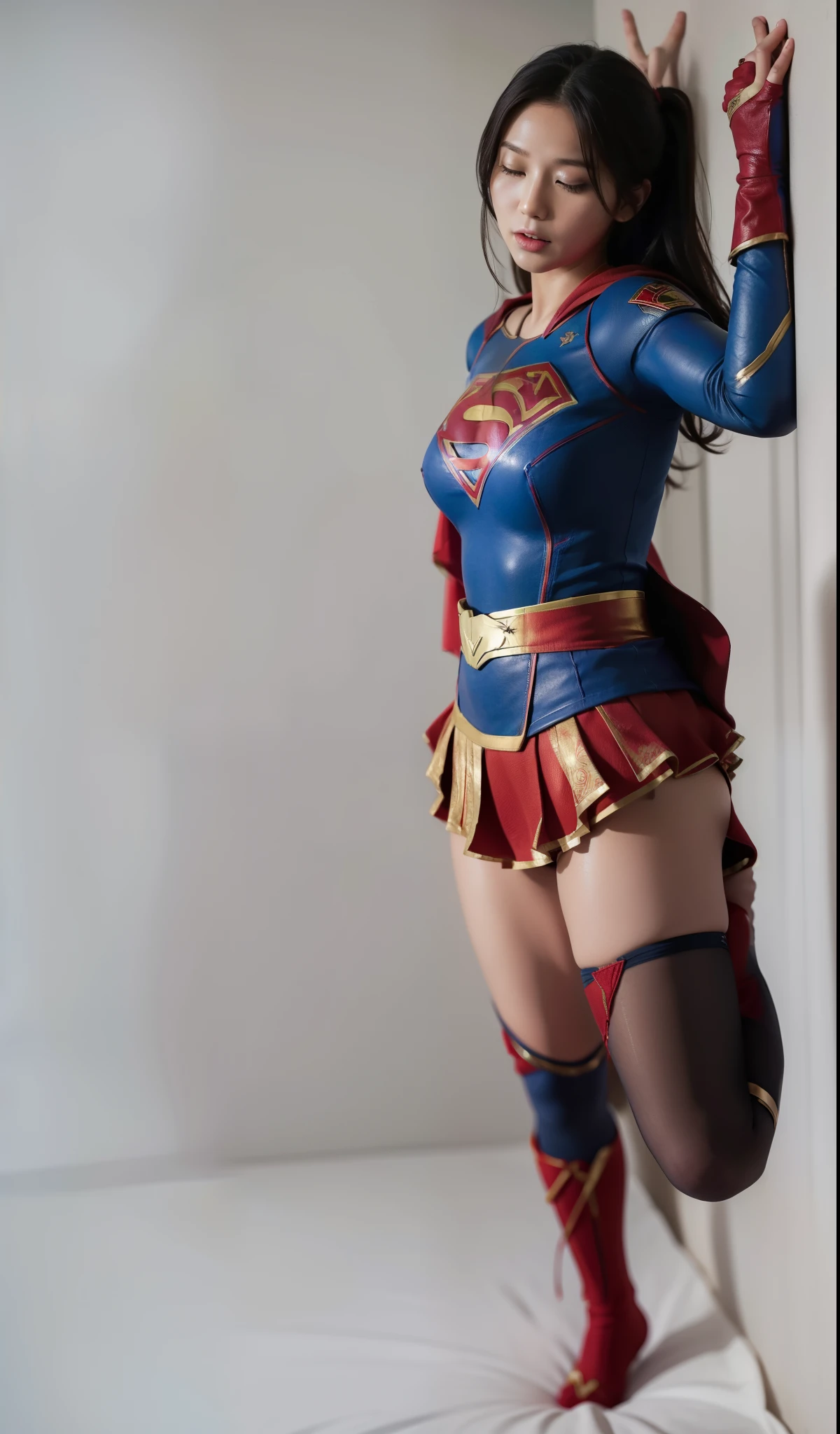 (((Highest quality、8K、masterpiece:1.3))、Eyes closed、Supergirl、胸にSupergirlのロゴ、Sharp focus:1.2、Beautiful woman with perfect figure:1.4、Thin abdominal muscles:1.2、((Layered Cut、Huge boobs:1.2))、Wet body:1.5、非常に詳細な顔と肌の質感Supergirl、Bloodstained、Clothes are shredded、Torn、Highest quality, Familiar, High resolution), 1 Girl, Supergirl、Super Heroine、Bishoujo Warrior、defeat、Lying down'return、falling、knock out、フィットしたSupergirlのコスチューム、Enlarge your breasts、Muscular、alone, From above,sleepy, Sleepワイン, Doll joints、Sleep、it hurts、it hurts look、syncope、cadaver、Beautiful crotch、High detail、8K