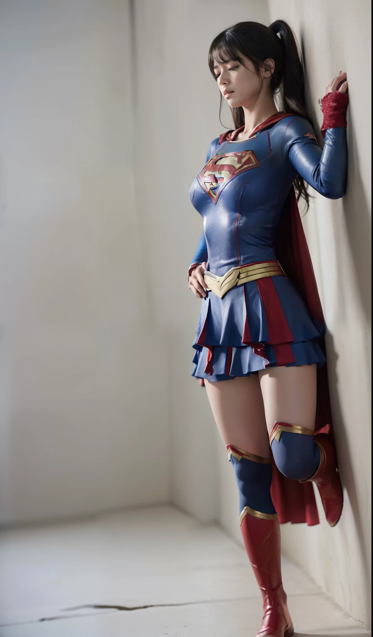 (((Highest quality、8K、masterpiece:1.3))、Eyes closed、Supergirl、胸にSupergirlのロゴ、Sharp focus:1.2、Beautiful woman with perfect figure:1.4、Thin abdominal muscles:1.2、((Layered Cut、Huge boobs:1.2))、Wet body:1.5、非常に詳細な顔と肌の質感Supergirl、Bloodstained、Clothes are shredded、Torn、Highest quality, Familiar, High resolution), 1 Girl, Supergirl、Super Heroine、Bishoujo Warrior、defeat、Lying down'return、falling、knock out、フィットしたSupergirlのコスチューム、Enlarge your breasts、Muscular、alone, From above,sleepy, Sleepワイン, Doll joints、Sleep、it hurts、it hurts look、syncope、cadaver、Beautiful crotch、High detail、8K