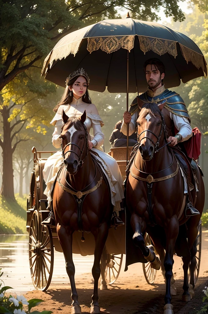 create a luxurious royal carriage with beautiful horses pulling, an escort of knights ahead, strolling along a dirt road on the edge of a beautiful lake with forest, a post-rain atmosphere softens the environment and a beautiful afternoon sun brightens the image, beauty of details, bright coloured, cinematic photo stylish fantasy film