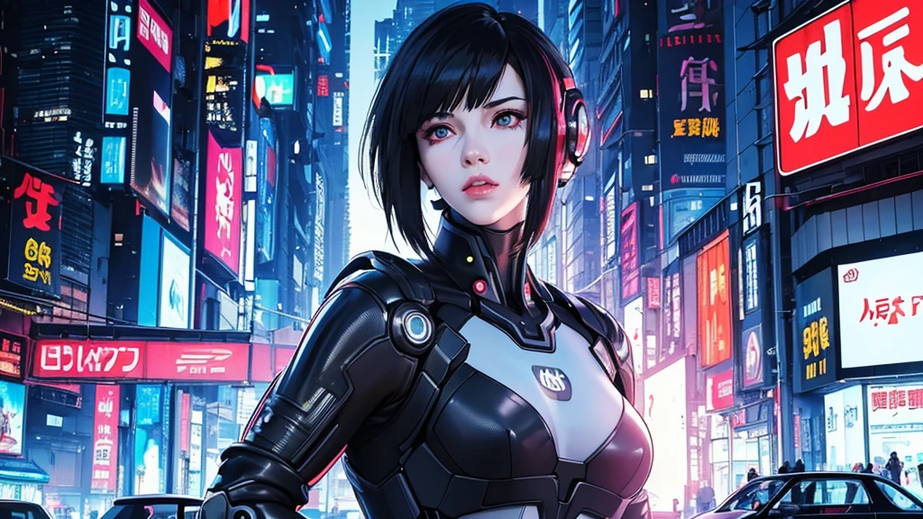 (masterpiece), (best quality), (very detailed), ((1 woman)), (cyberpunk), future city background, ((ghost in the shell)), detailed eyes, Detailed nose, Detailed lips, perfect face, perfect body, revealing combat suit, Side face and upper body expression, Place a small person on the left side of the picture, movie poster, landscape