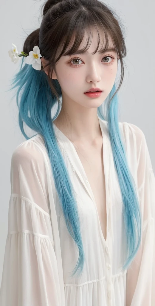 (masterpiece), (best quality), (ultra detailed),(disheveled hair),(illustration), (1girl), (Fashionable clothing), standing, Fashion model, looking at viewer, (interview), (simple background),beautiful detailed eyes, delicate beautiful face, Floating,(high saturation),(colorful splashes),colorful bubble,(shining), focus on face, ponytail, kamisato ayaka, light blue hair, bangs, hair ring, floating flowers, floating hairs, (shining), best lighting, best shadow,