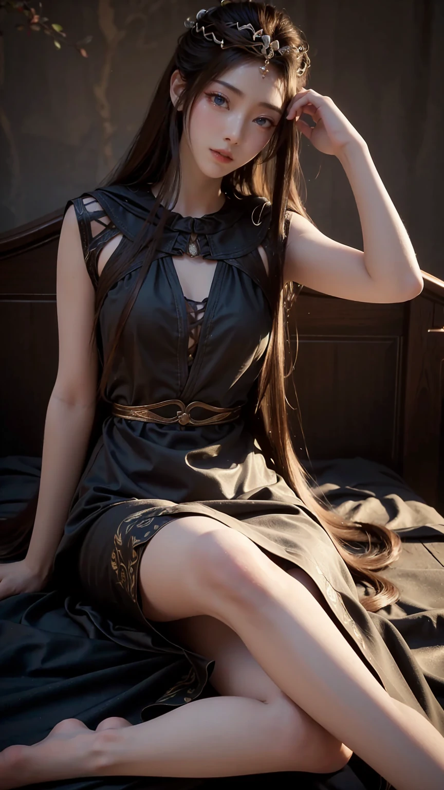a beautiful young woman with long hair, wearing a nightgown, sitting on a bed, barefoot, in a dress, lying on her side, cross-legged, full body shot, (best quality,4k,8k,highres,masterpiece:1.2),ultra-detailed,(realistic,photorealistic,photo-realistic:1.37),beautiful detailed eyes,beautiful detailed lips,extremely detailed eyes and face,longeyelashes,natural lighting,warm tones,soft focus,portraits,chiaroscuro,depth of field