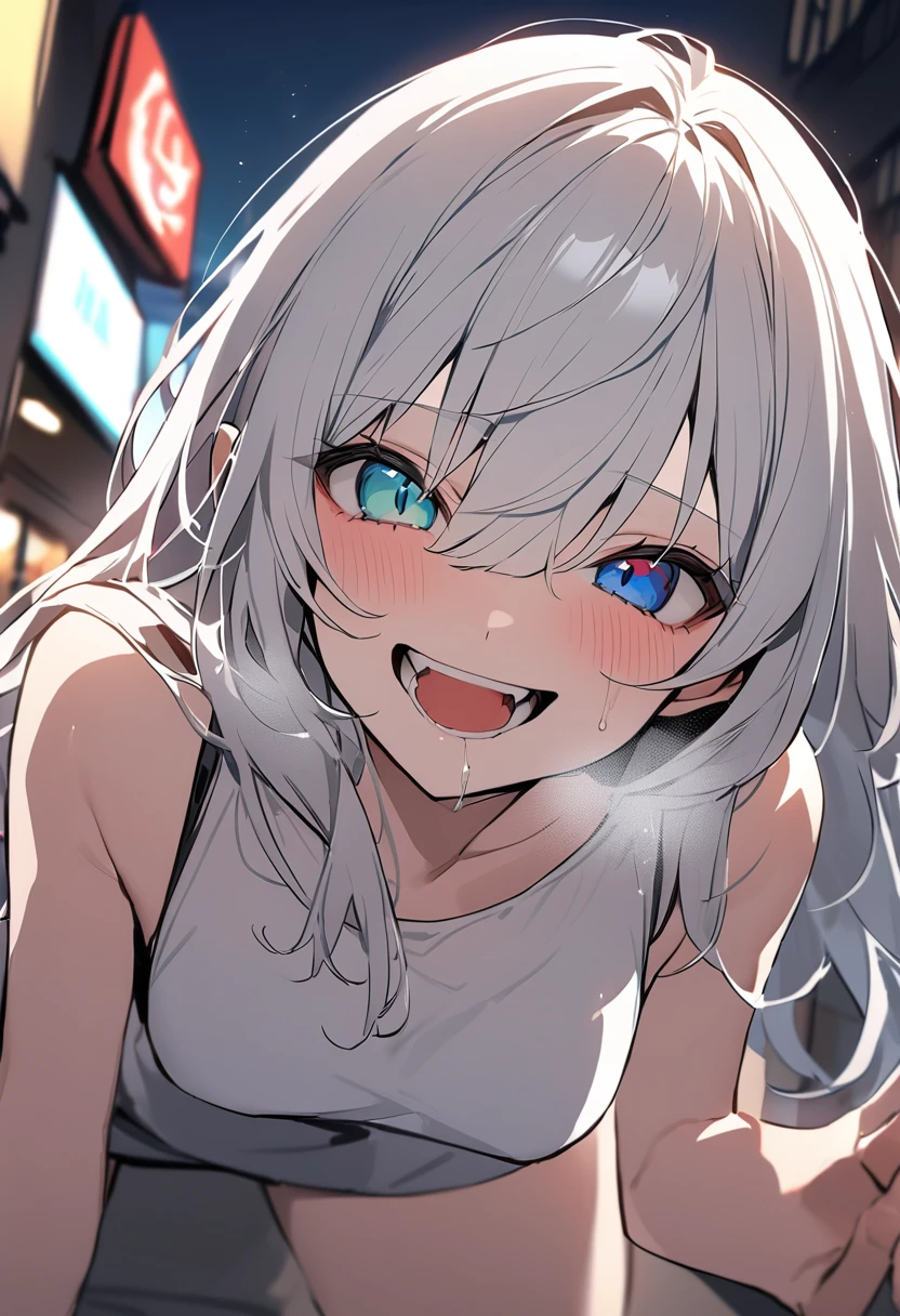 (masterpiece:1.2)、Highest quality、PIXIV、Rebellious girl、One girl、Open your mouth、鋭いteeth、teeth、Long Hair、Street background、Bright red and blue eyes、Upper Body、smile、Focus on the viewer、Chest in the center、Shoulder Bare、Belly button、Black and white hair color,leaning forward,Night view,Black and Whiteグレーの服装,Overflowing drool、saliva、White Breath、Sigh,Pull your mouth with your fingers、An excited look,fallatio,Black and White,heterochromia