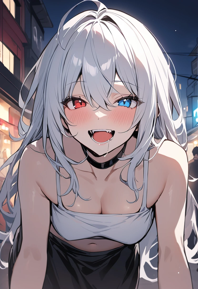 (masterpiece:1.2)、Highest quality、PIXIV、Rebellious girl、One girl、Open your mouth、鋭いteeth、teeth、Long Hair、Street background、Bright red and blue eyes、Upper Body、smile、Focus on the viewer、Chest in the center、Shoulder Bare、Belly button、Black and white hair color,leaning forward,Night view,Black and Whiteグレーの服装,Overflowing drool、saliva、White Breath、Sigh,Pull your mouth with your fingers、An excited look,fallatio,Black and White,heterochromia
