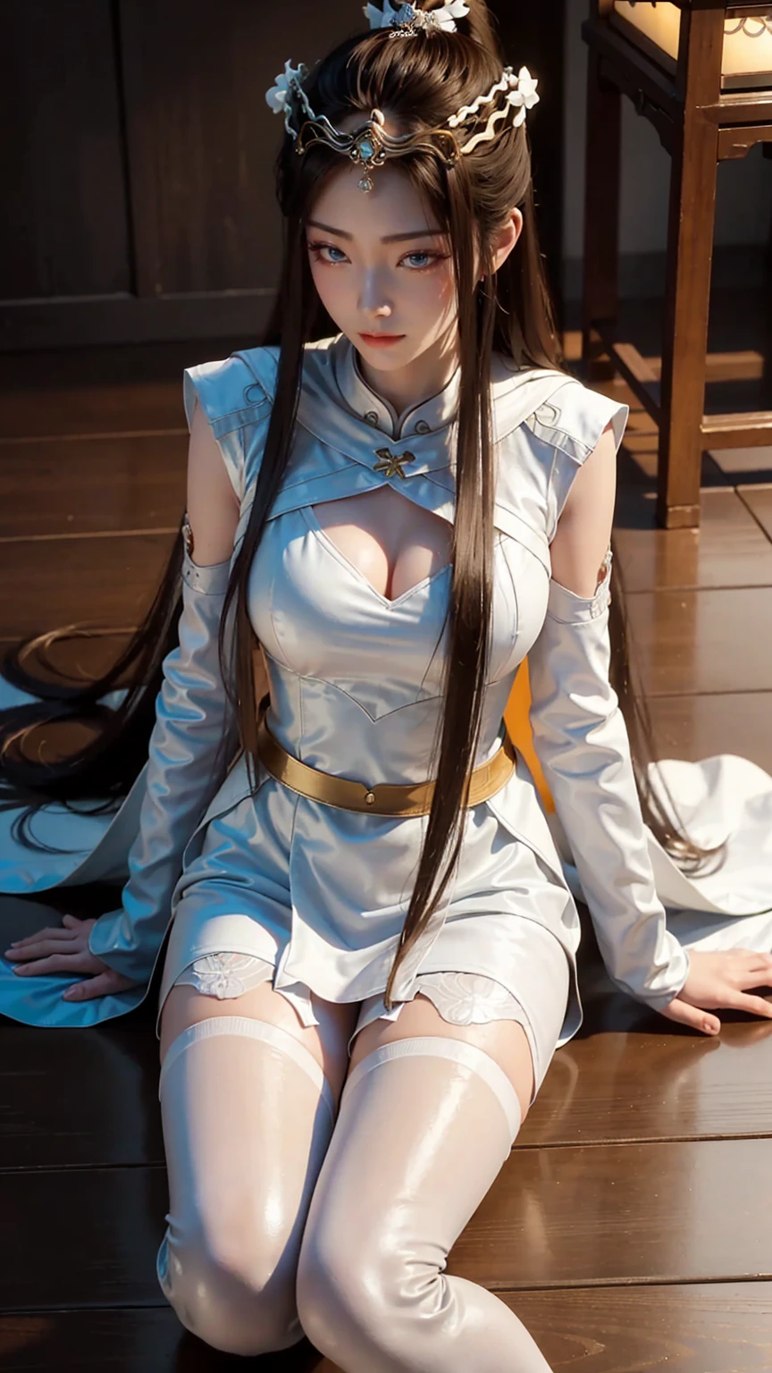 Close-up of a woman in a white dress lying on a wooden floor, Japanese Goddess, Beautiful Chinese model, beautiful goddess, beautiful Asian girl, Sexy Girl, Fair, smooth and translucent skin, Chinese Girl, Asian girl, Attractive anime girl, Sexy pose, Beautiful fantasy queen, Beautiful and detailed body and face, Smooth white tights set, Light milky white porcelain skin