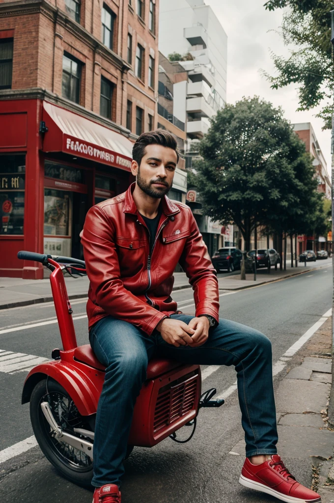 A man sitting on a red bike outside of the road image