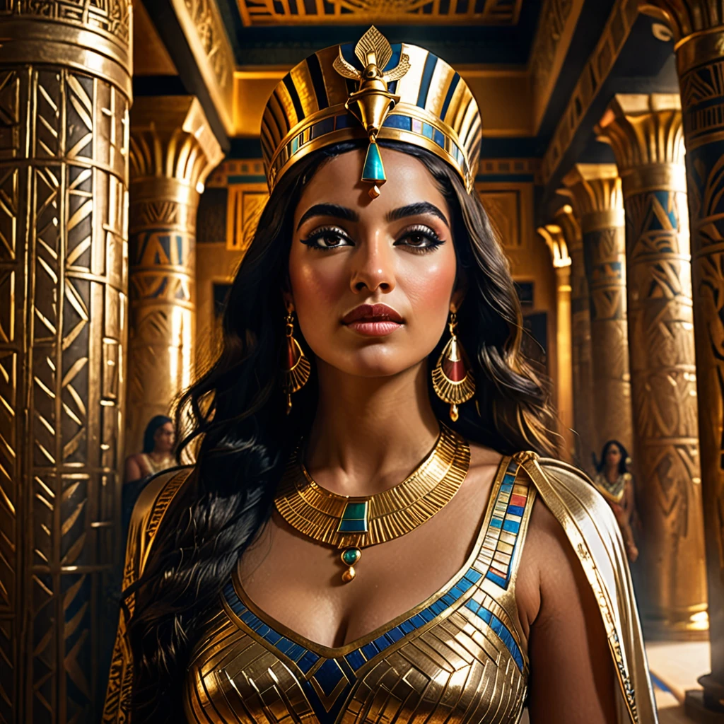 (half length portrait:1.4), low angle, cleopatra, a beautiful woman with long dark hair, detailed face, deep eyes, full lips, wearing a golden crown, in a lavish ancient Egyptian palace interior, dramatic lighting, ornate columns, rich fabrics, (best quality,4k,8k,highres,masterpiece:1.2),ultra-detailed,(realistic,photorealistic,photo-realistic:1.37),intricate details,cinematic lighting,chiaroscuro,dramatic shadows,warm color palette,dramatic poses, beautiful egyptian queen,regal,elegant,majestic