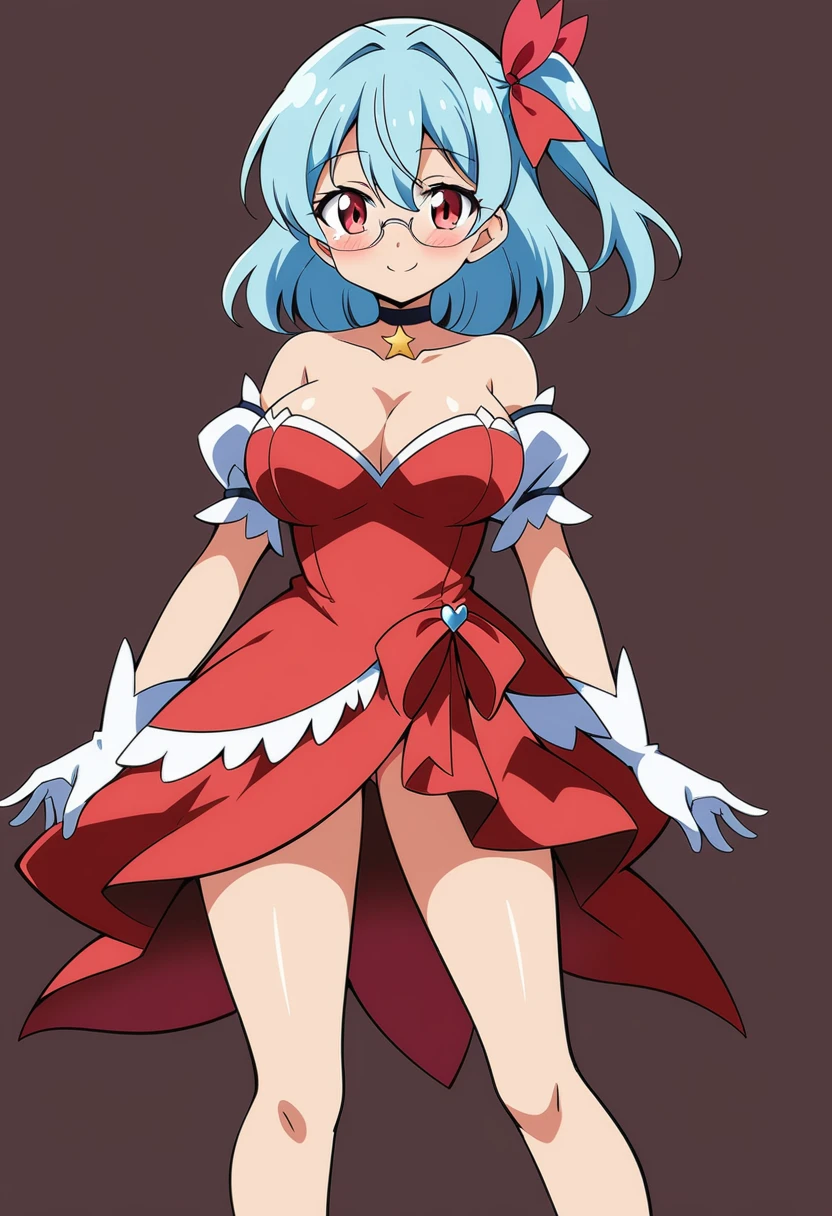 (anime art style), (cartoon), masterpiece, best quality, very aesthetic, absurdres, 1girl, solo, red eyes, light blue hair, medium hair, one side up, bangs, hair between eyes, hair ribbons, red dress, magical girl dress, short sleeves, strapless, choker, white gloves, glasses, white high heels, star symbol on dress, thighs, big breasts, blush, smile, sexy, collarbone, cleavage, ((feet out frame)), (from front), (white background), ((simple background)), (thinking), (standing) (looking at viewer:1.0)