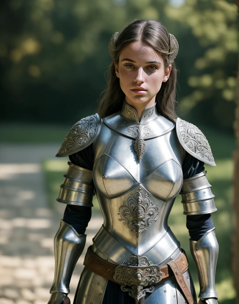 (masterpiece), (extremely intricate:1.3),, (realistic), portrait of a girl, the most beautiful in the world, (medieval armor), metal reflections, upper body, outdoors, intense sunlight, far away castle, professional photograph of a stunning woman detailed, sharp focus, dramatic, award winning, cinematic lighting, octane render, unreal engine, volumetrics dtx, (film grain, bokeh, blurry foreground, blurry background), crest on chest