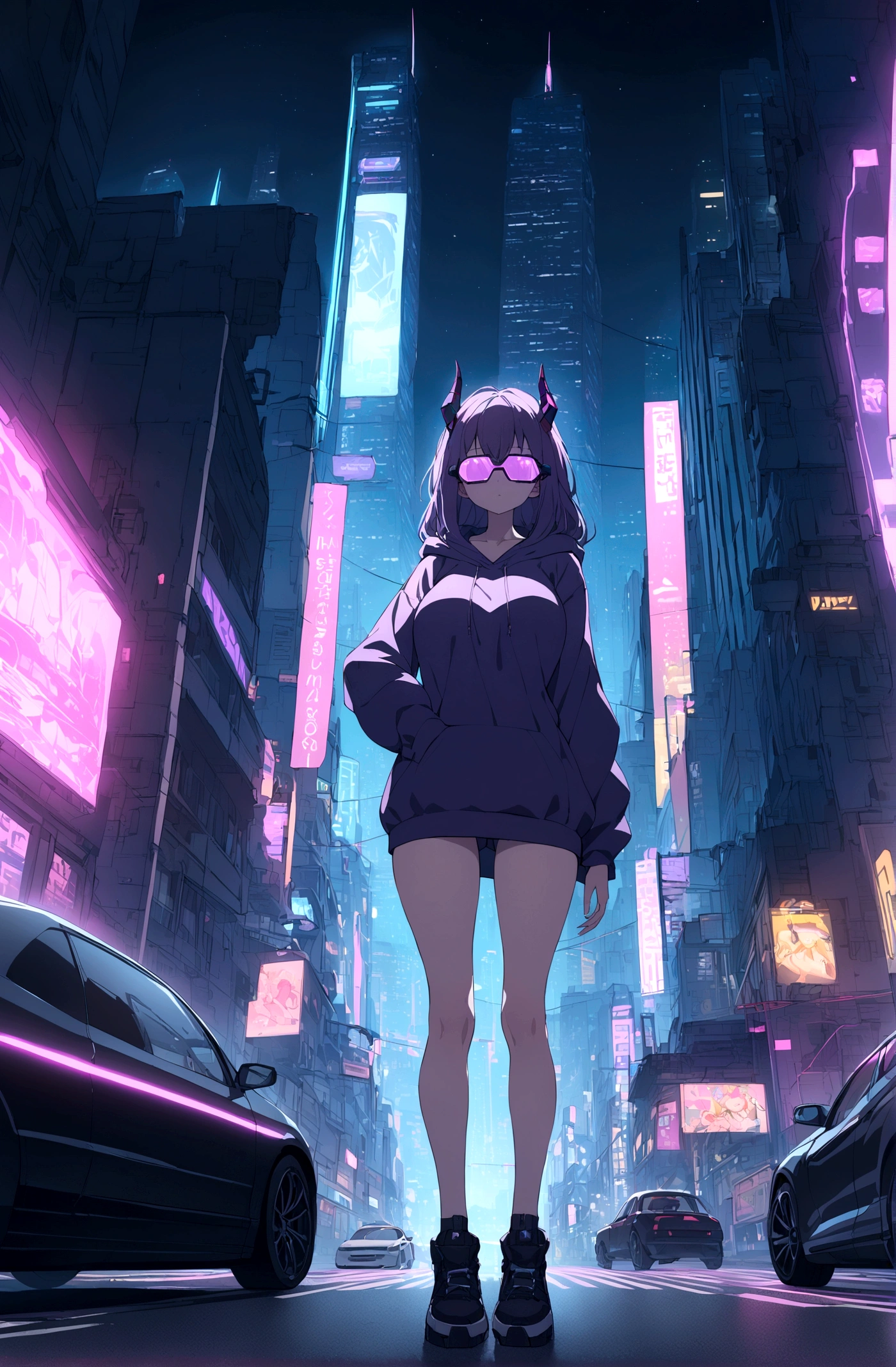Slim teen girl, huge tits, standing at the middle of road, wearing black purple hoodie without one arm print, wearing cyber glasses, neon city, at night, cars, cybernetic horns