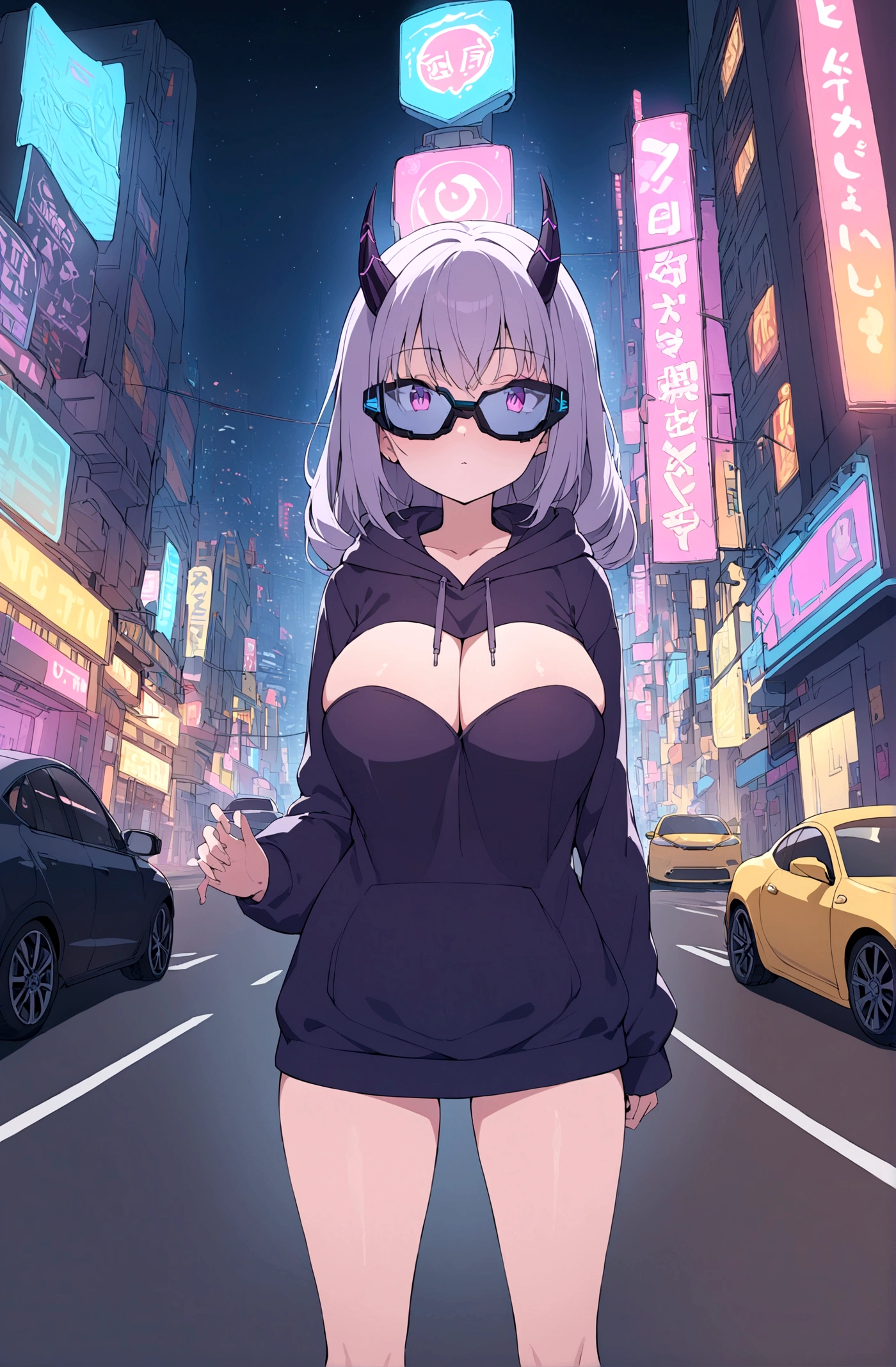 Slim girl, huge tits, standing at the middle of road, wearing black purple hoodie without one arm print, wearing cyber glasses, neon city, at night, cars, cybernetic horns